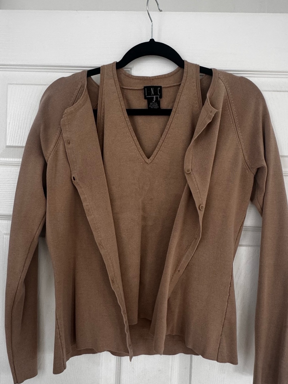 INC International Concepts Women’s Silk V-Neck Sweater and Cardigan Set - Brown